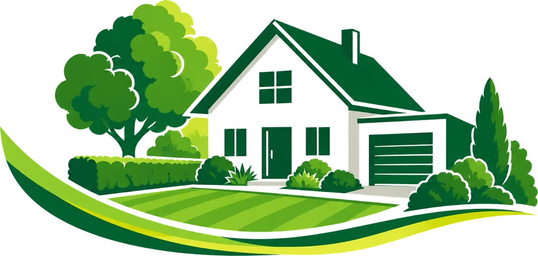 Illustration: Haus mit Garage, Garten und Hecke — Symbolbild für unseren Objekt-Service rund um Haus und Immobilie